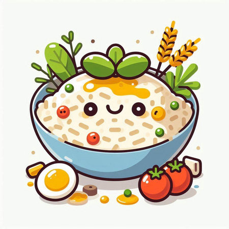 Kawaii illustration of a bowl of rice porridge with vegetable and eggのイラスト素材