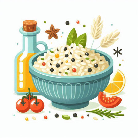 Risotto in a bowl with ingredients. Vector illustration in flat style.のイラスト素材