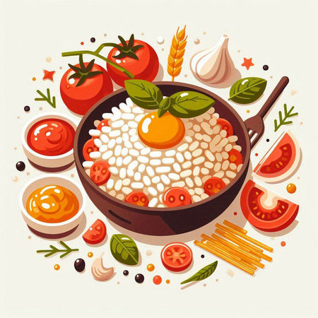 Risotto with tomatoes, garlic, herbs and eggs. Vector illustration.のイラスト素材