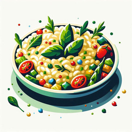 Risotto with tomatoes, olives and basil. Vector illustration.のイラスト素材