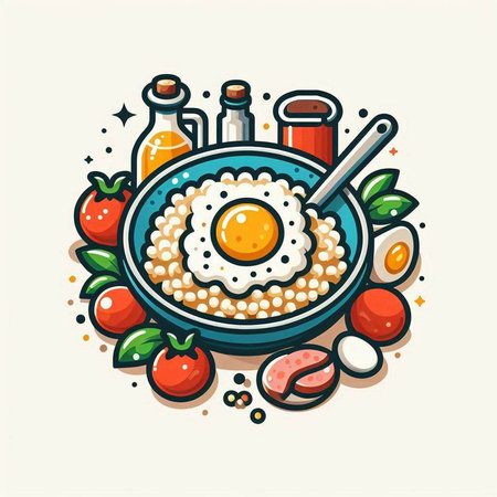 Bowl of oatmeal with fried egg, tomatoes and spices. Vector illustration.のイラスト素材