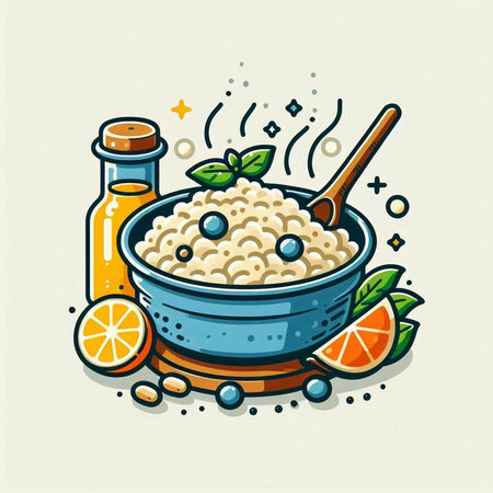 Vector illustration of oatmeal porridge in bowl with spoon and jar of orange juice.のイラスト素材