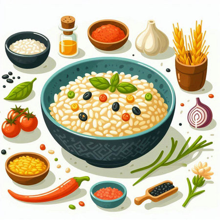 Rice porridge with vegetables and spices in bowl. Vector illustrationのイラスト素材