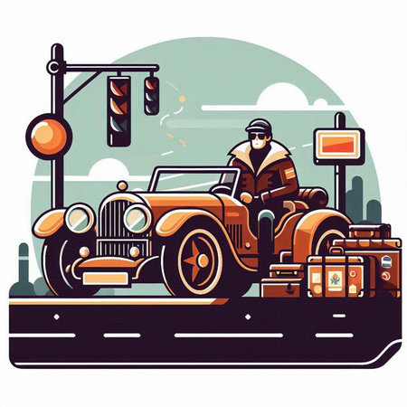 Vintage car on the road. Vector illustration in retro style.のイラスト素材