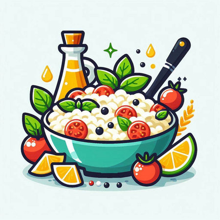 Vector illustration of a bowl of porridge with fruits and vegetables. Healthy food.のイラスト素材