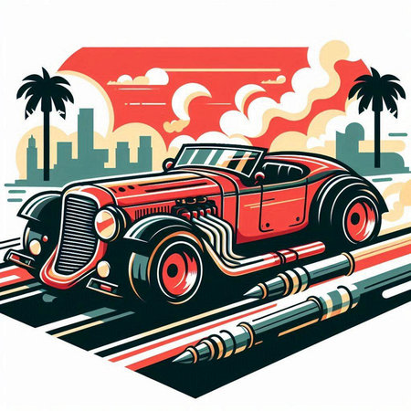 Retro car on the road with palm trees. Vector illustration.のイラスト素材