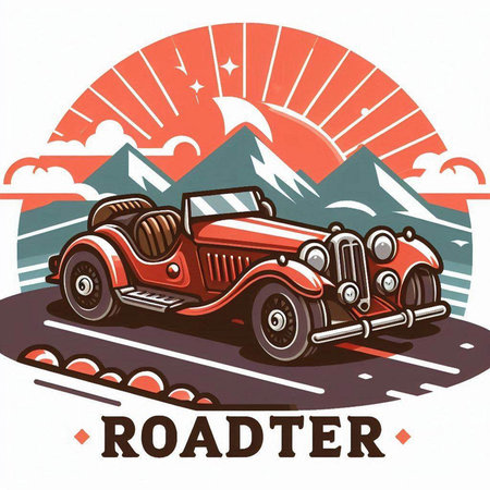 Retro car on the road with mountains in the background, vector illustrationのイラスト素材