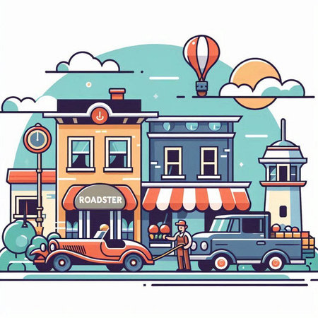 Cars and people in the city. Vector illustration in flat styleのイラスト素材
