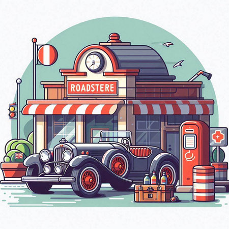 Retro american car in front of a restaurant. Vector illustrationのイラスト素材