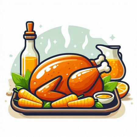 Roast chicken with orange juice and carrot on tray. Vector illustration.のイラスト素材