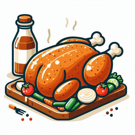 Roast chicken on a wooden board with vegetables. Vector illustration.のイラスト素材