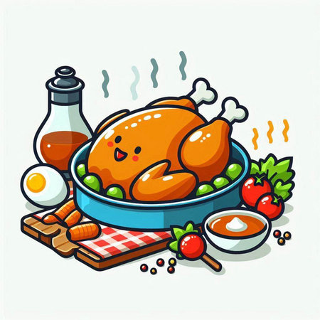 Vector illustration of roasted chicken and ingredients for cooking on white background.のイラスト素材