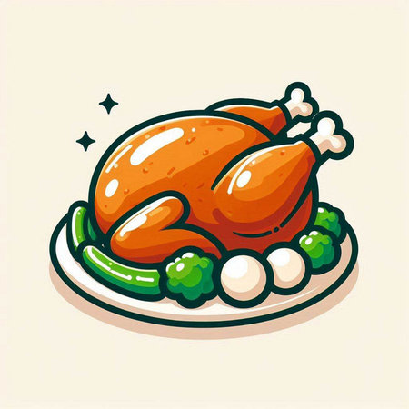 Illustration of roasted turkey on a plate with garnish. Vector illustration.のイラスト素材