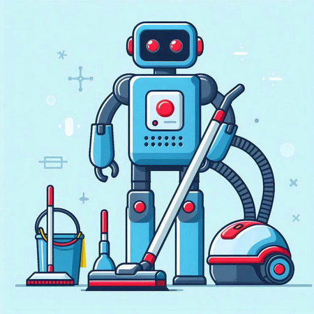 Robot vacuum cleaner and cleaning equipment. Vector illustration in cartoon styleのイラスト素材