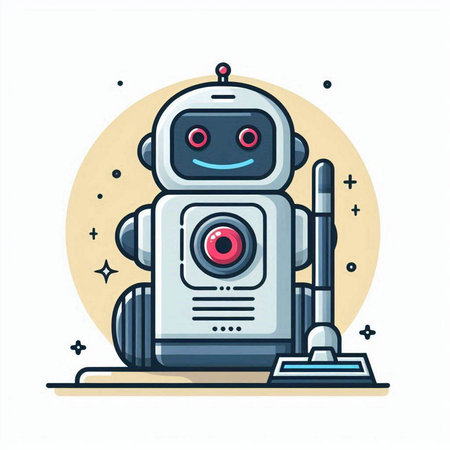 Cute robot with vacuum cleaner. Vector illustration in cartoon style.のイラスト素材