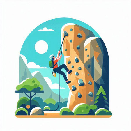 Rock climber climbing on the cliff. Vector illustration in flat styleのイラスト素材