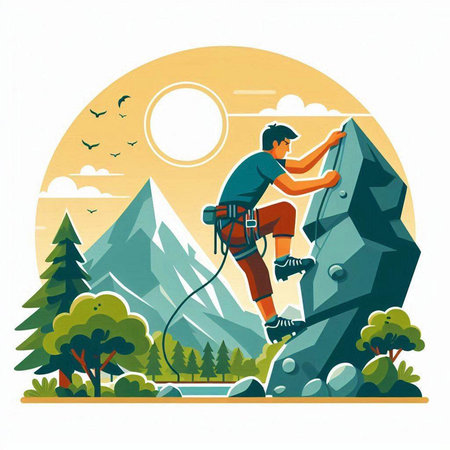 Man rock climber climbs on a mountain. Flat style vector illustration.のイラスト素材