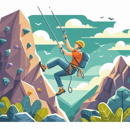 Climber on a cliff. Vector illustration in cartoon style.のイラスト素材