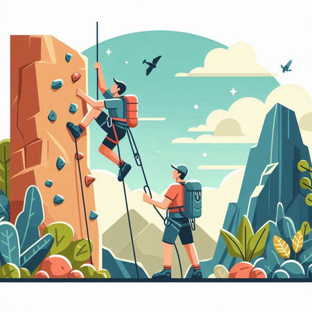 Climbing. Vector illustration in cartoon style. The climber climbs the rock.のイラスト素材