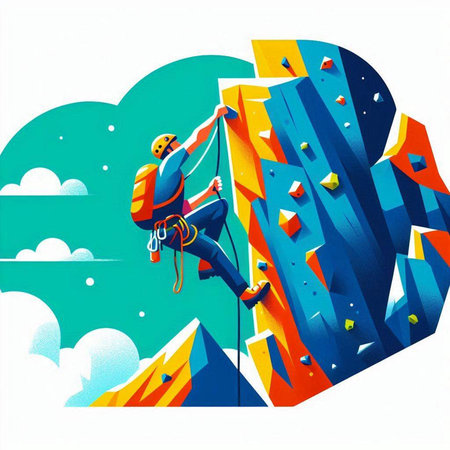 Illustration of a rock climber climbing up a cliff, vector illustrationのイラスト素材