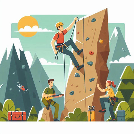 Climbing, extreme sport, rock climbing flat vector illustration.のイラスト素材