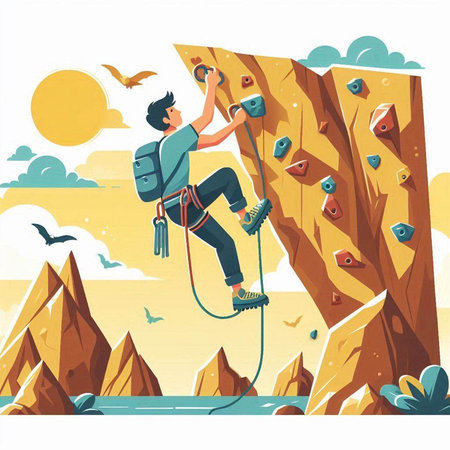 Man climbing on a rock wall. Vector illustration in cartoon style.のイラスト素材