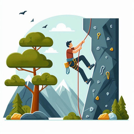 Man climbing on a cliff. Vector illustration in flat cartoon style.のイラスト素材