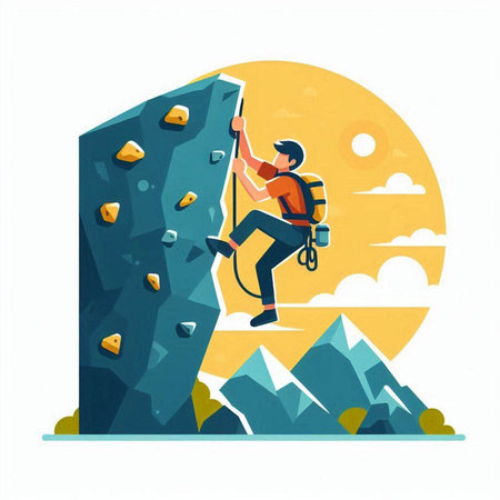 Man climbing on a rock in the mountains. Flat vector illustration.のイラスト素材
