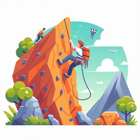 Rock climber flat vector illustration. Cartoon man climbing on rock wall. Rock climbing concept.のイラスト素材