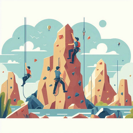 Climbing on the rocks. Vector illustration in flat style.のイラスト素材