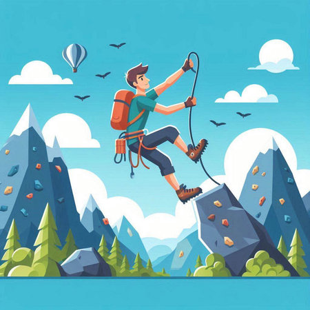 Vector illustration of young man climbing on rock in the mountains. Cartoon style.のイラスト素材