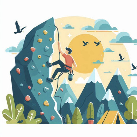 Climber on the cliff. Vector illustration in flat style.のイラスト素材