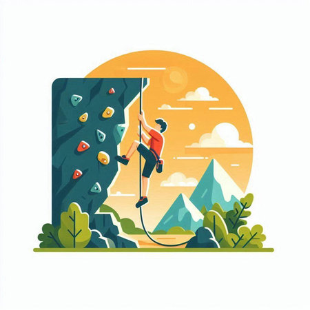 Climbing in the mountains. A man climbs the rock. Flat vector illustration.のイラスト素材