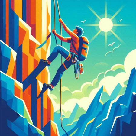 Illustration of a climber reaching the top of a cliff.のイラスト素材
