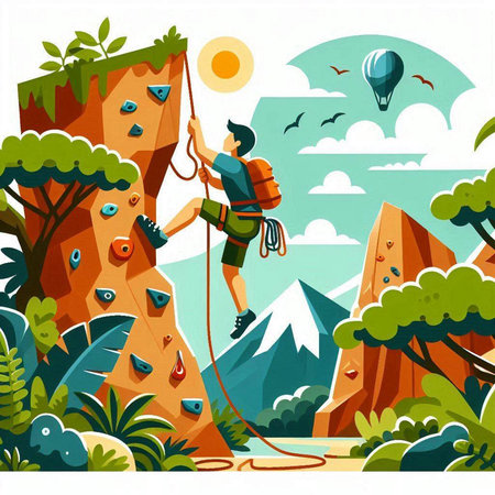 Climbing in nature. Vector illustration in a flat style.のイラスト素材