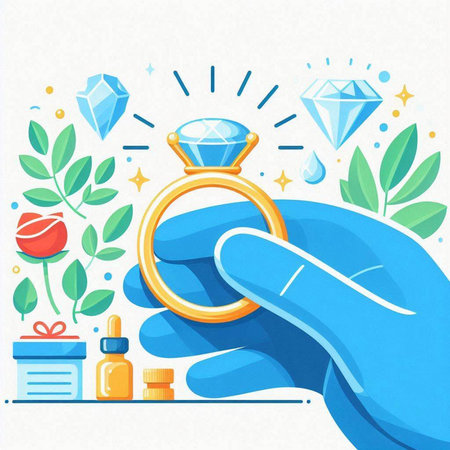 Vector illustration of a hand holding a gold ring and a bottle of perfume on a white background.のイラスト素材