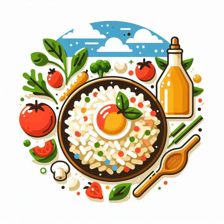 Risotto with tomato, rice, olive oil and basil. Vector illustration.のイラスト素材