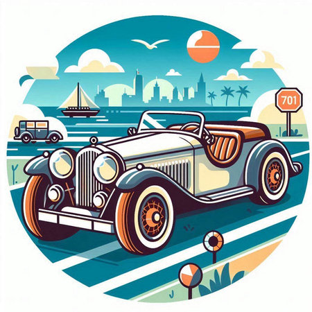 Vintage car on the background of the sea. Vector illustration.のイラスト素材