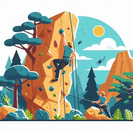 Vector illustration of a man climbing on a cliff in the forest.のイラスト素材