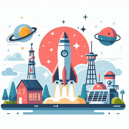 Space exploration. Vector illustration in flat style with rocket, planet, spaceship, lighthouse and other elements.のイラスト素材