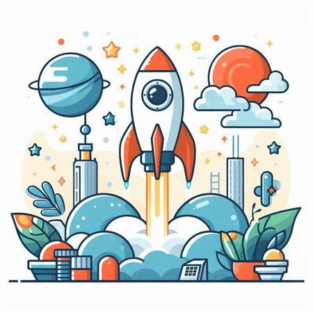 Startup concept with rocket and space elements. Vector illustration in flat styleのイラスト素材