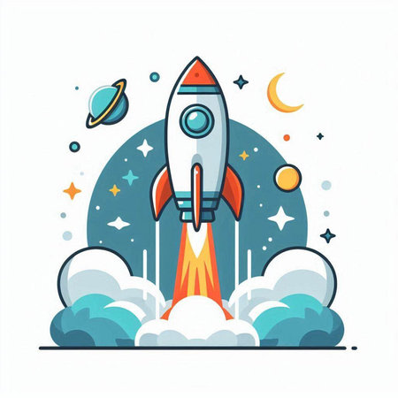 Space rocket with planets and stars. Flat design style vector illustration.のイラスト素材