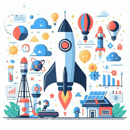 Startup concept with rocket, rocket, rocket and icons. Modern flat vector illustration.のイラスト素材