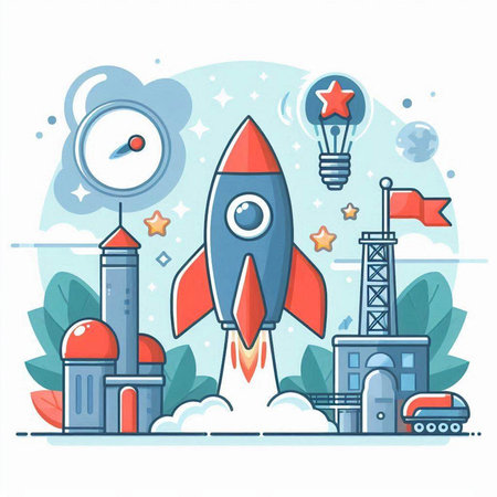 Rocket launch. Start up concept. Vector illustration in flat style.のイラスト素材