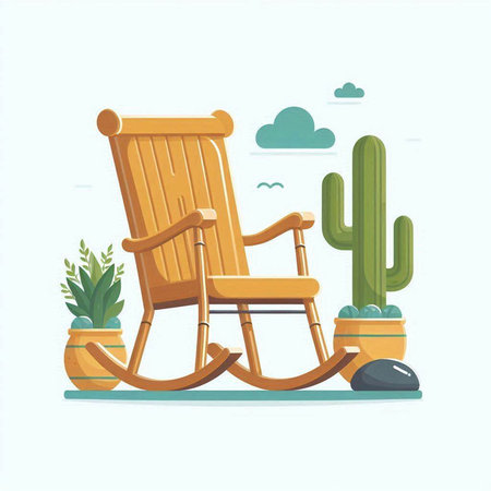 Wooden rocking chair and cactus. Vector illustration in flat styleのイラスト素材