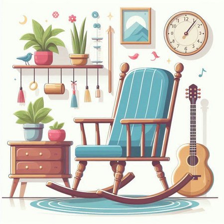 Wooden rocking chair in the room. Vector illustration in cartoon styleのイラスト素材