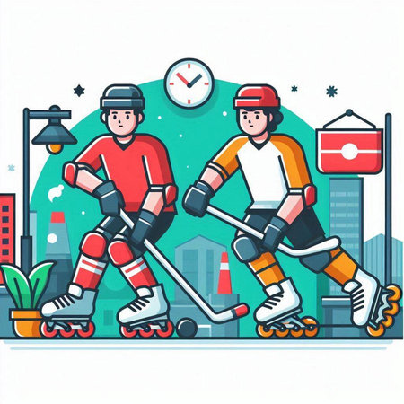 Vector illustration of roller skaters on city background. Line art design for web, site, advertising, banner, poster, board and print.のイラスト素材