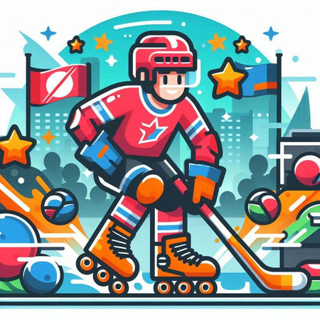 Hockey player in helmet and gloves on roller skates. Vector illustration.のイラスト素材