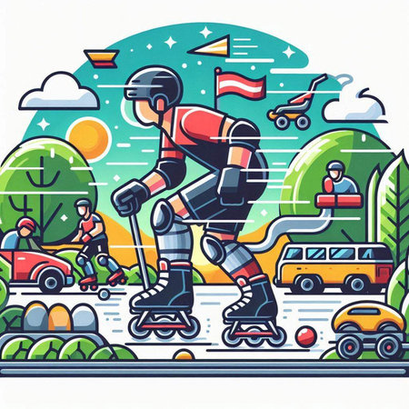 Roller skating on the road. Vector illustration in flat style.のイラスト素材