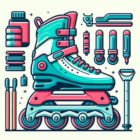 Roller skates and equipment. Vector illustration in line art style.のイラスト素材